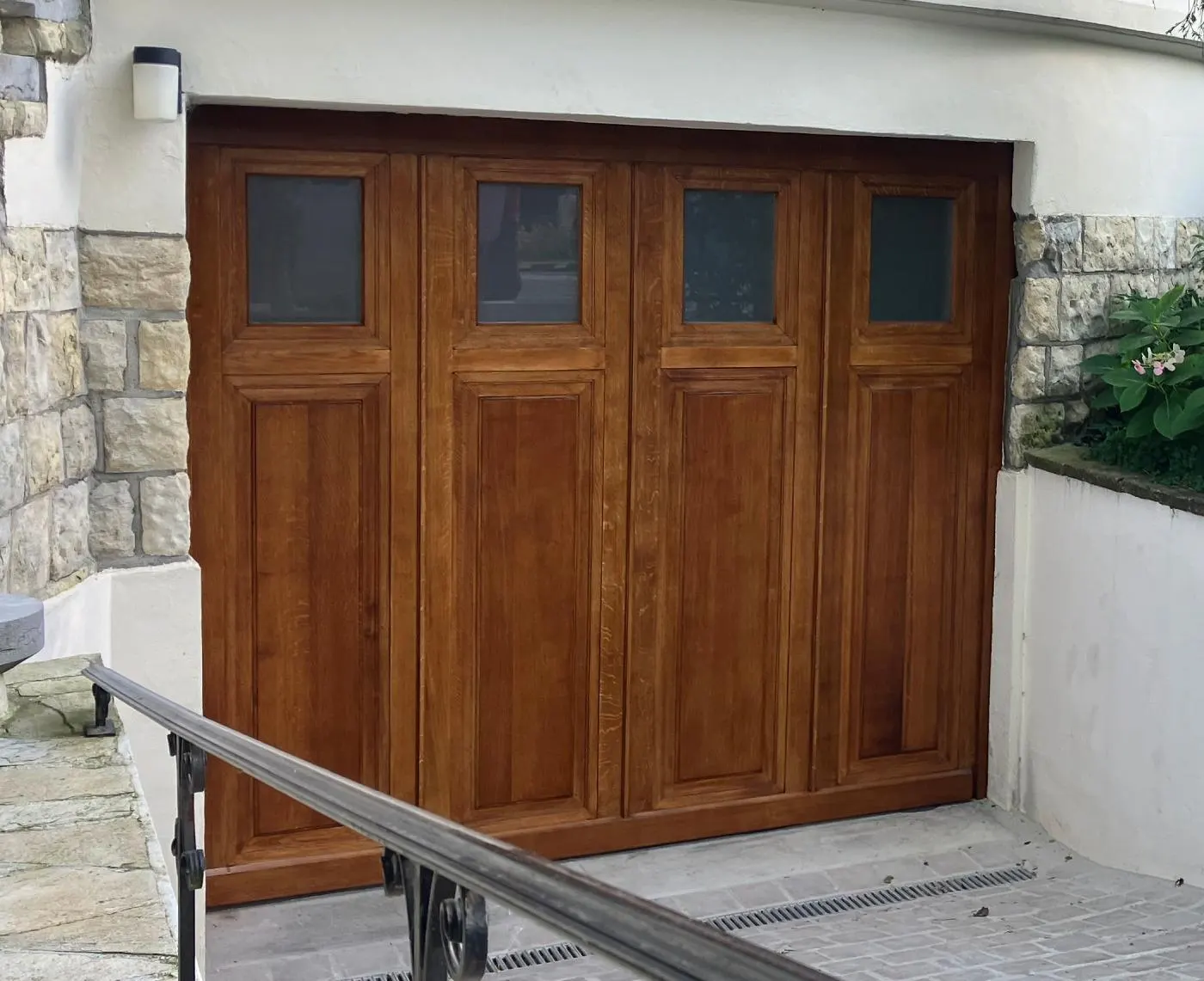 Solid oak rustic garage door with glazing
